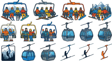 Ski Resort Cable Car and Chairlift Vector Illustration Set with Winter Sports, Mountain Gondola, and Snowboarder Characters for Tourism Websites and Travel Posters © Shahanaj