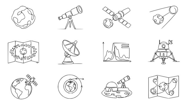 Space Exploration Icons: Planets, Telescope, Satellite, Rocket, Map, Radar, Graph