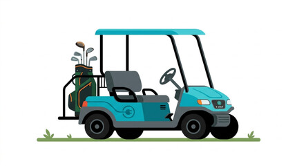 Fototapeta premium A bright teal golf cart with a bag of clubs is parked on green grass against a clean white background, ready for a round of golf