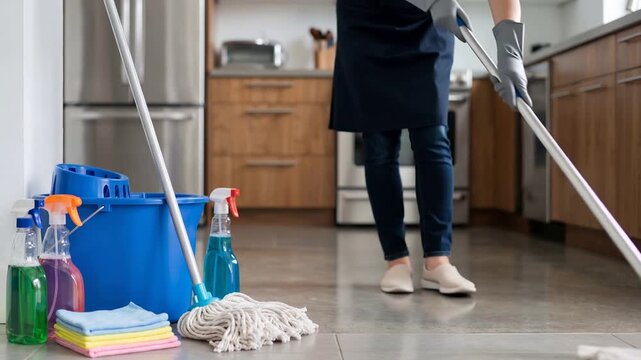 Cleaning supplies while female housekeeper mopping kitchen floor, emphasizing hygiene, professional housekeeping, 4K video