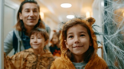 Fototapeta premium Festive Halloween scene with children in costumes.