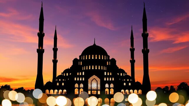 Silhouette of a grand mosque with multiple minarets against a vibrant sunset sky, bokeh lights in foreground