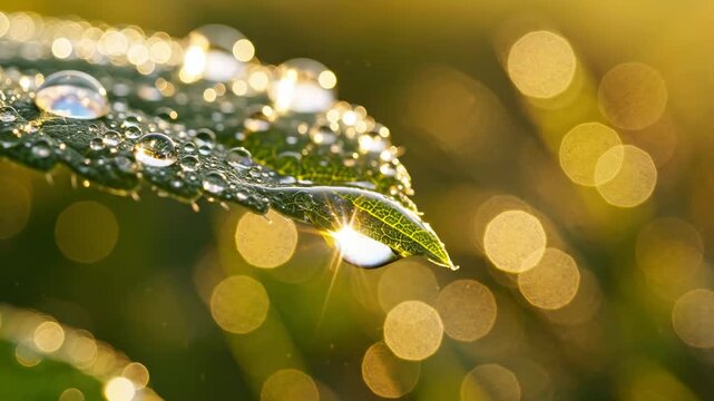 Close-up of a green leaf covered in sparkling dew drops, backlit by warm golden hour sunlight creating bokeh effect