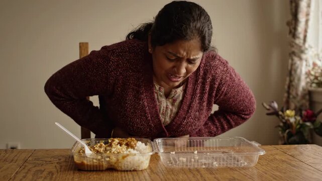 Woman clutching stomach pain sitting wooden table with food container and spoon showing discomfort distress possible indigestion or food poisoning