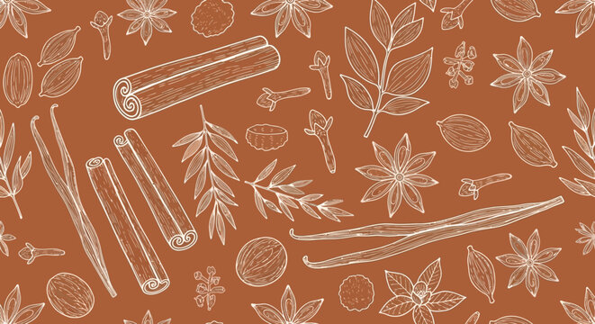 Detailed spice line art pattern on terracotta background.
