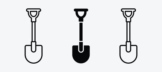 Three shovel tool icons in solid linear teal graphic styles for landscaping and construction design elements construction © Liza Begum