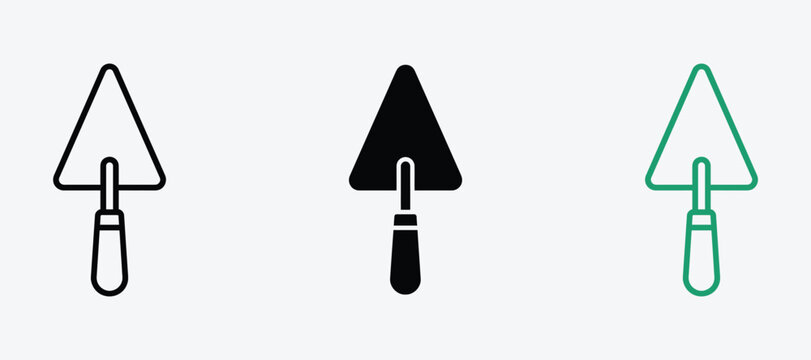 Set of triangular masonry trowel icons used for spreading mortar or plaster in construction and tiling with construction, building