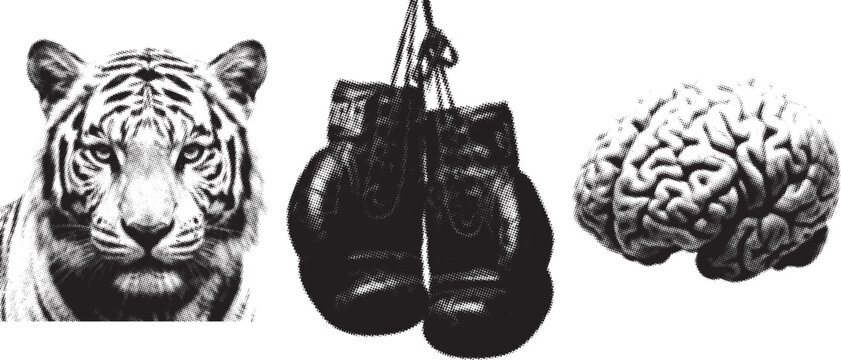 Tiger head with boxing gloves and brain in halftone style representing power of mind