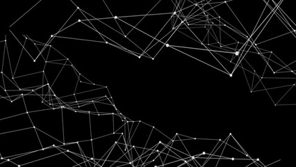 Fototapeta premium Abstract technology plexus background. White digital network lines and connected dots on black backdrop. Cybernetic grid structure for scientific and tech presentations.
