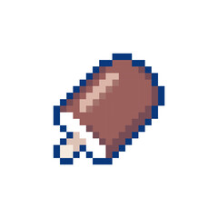 Fototapeta premium Pixel Art Chocolate Popsicle Icon. 8bit Cute Frozen Ice Cream Bar, Retro Summer Dessert Sticker, Sprite and Badge
