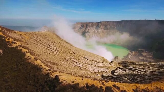 Aerial Wide Shot of Ijen Crater Volcanic Rim and Lake