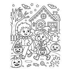 Fototapeta premium Halloween kids, trick or treat, black and white illustration, vector clip art