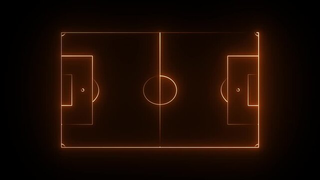 glowing orang  color neon football field outline animation video on black background , Glowing neon lights match future football isometric field video animation on a background.