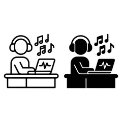 Fototapeta premium Minimalist Line Art and Solid Silhouette Icons Depicting a Person Working on Music Production Using a Laptop and Headphones