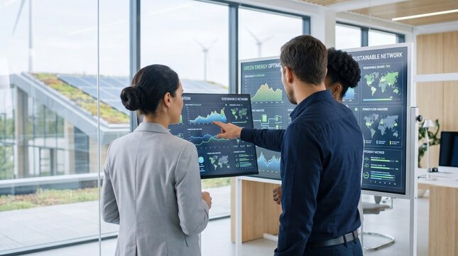 Diverse business team analyzing sustainable energy metrics on digital screens in modern office with wind turbines outside window