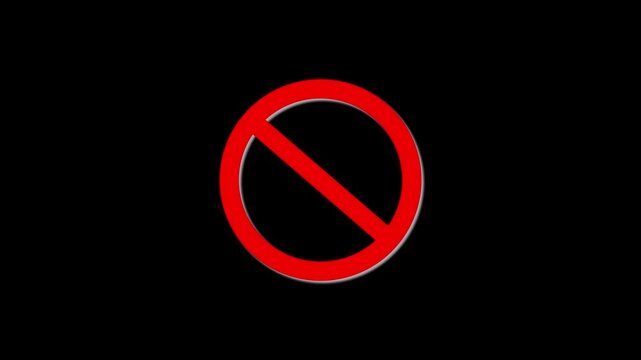 Red prohibited sign animation on black background, motion symbol for restriction or warning forbidden
