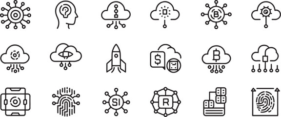 Fototapeta premium Technology Cloud and Digital Security Icons Set with Network, Key, Fingerprint, Cloud Computing and Encryption Symbols