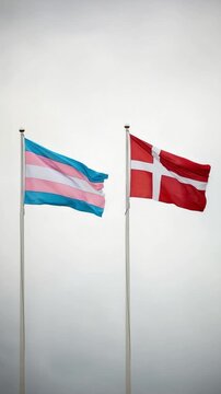 Transgender Pride Flag and Danish Flag Flying Together on Flagpoles Against a Cloudy Sky Representing LGBTQ Rights and Equality in Denmark
