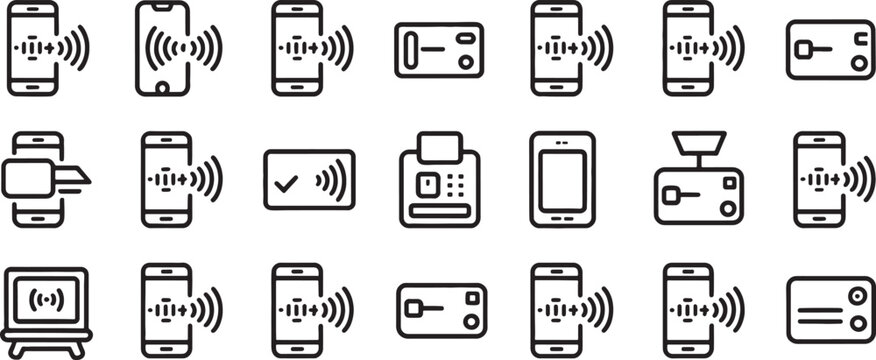 Mobile Device and Computer Connectivity Icon Set with Wireless Signal Waves for Network and Communication Concept