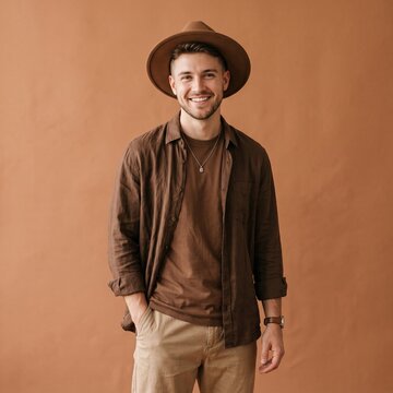 Smiling male model posing in a stylish brown fashion outfit against a neutral studio background