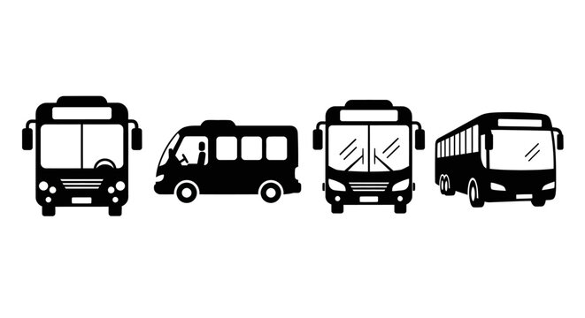 Four different buses are shown in a row on the road