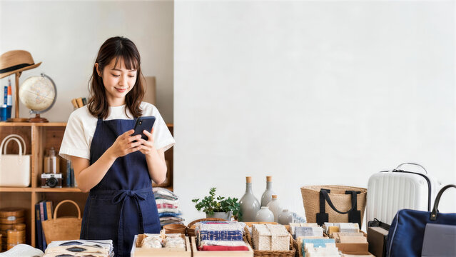 旅行用品のある店舗で口コミを確認する日本人女性スタッフ