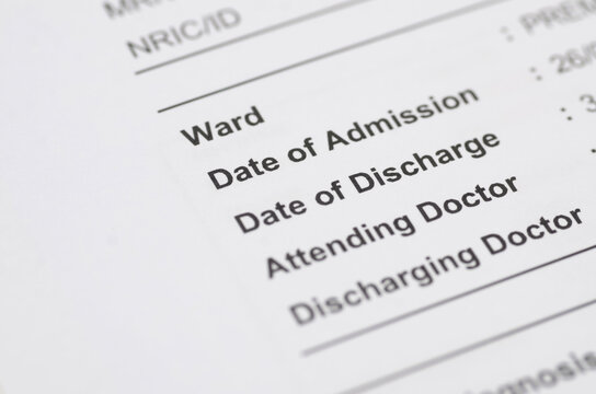 Close up of hospital admission and discharge patient medical form