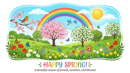 Naklejka premium Vibrant spring scene with rainbow over blooming flowers and trees in sunshine