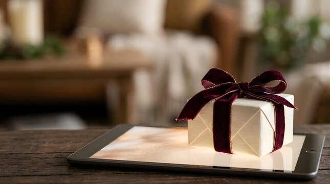 White gift box with velvet ribbon on a tablet screen in a cozy home