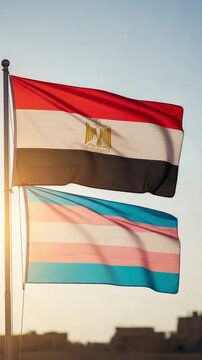 Egypt flag and transgender pride flag flying together on a pole, concept of LGBTQ rights in Middle East, activism and intersectionality for social justice