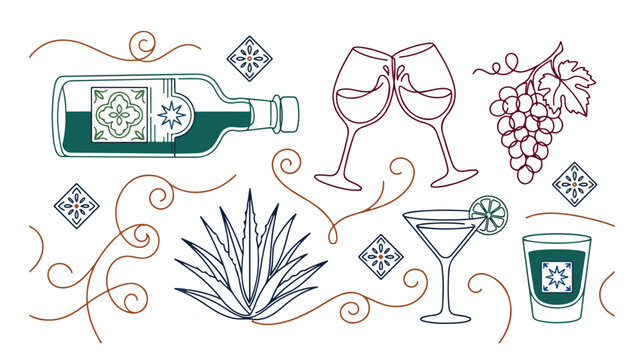 Mexican tequila and wine vector illustration. Agave plant, grapes, and cocktail drinks. Traditional Hispanic culture and beverage design elements.