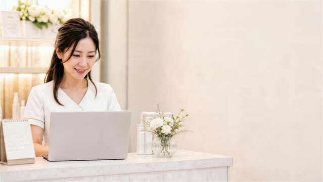 ノートパソコンで口コミ返信を確認する日本人女性スタッフ