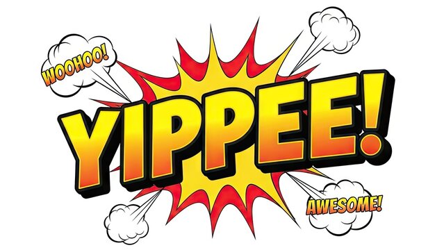 Comic book style explosive word art with dynamic text and speech bubbles