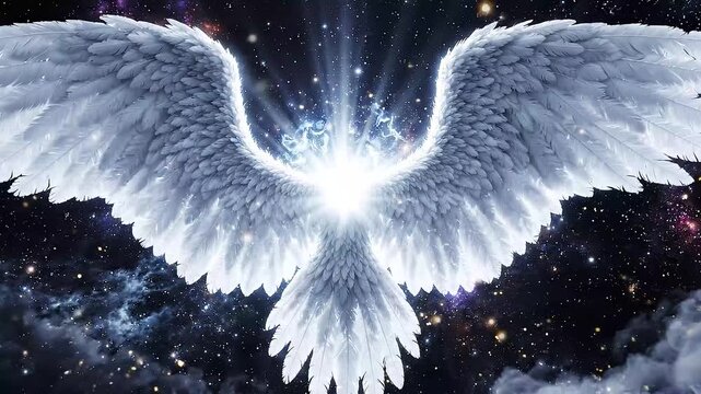 Ethereal Wings of Light Majestic white wings spread wide, emanating a radiant glow against a cosmic backdrop filled with stars and nebulae suggesting divine presence and hope