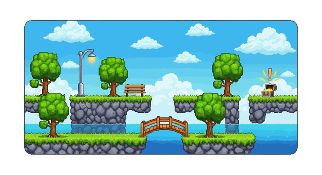 Pixel art platformer game level with floating islands and bridge.