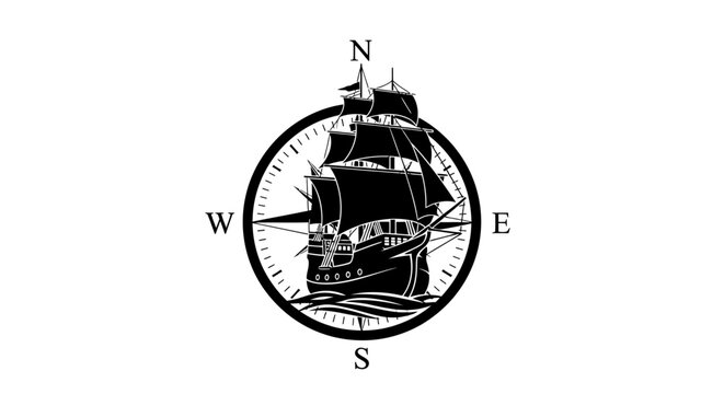 Vintage sailing ship on compass rose logo with white logo featuring inside compass black white illustration navigation direction travel with ocean