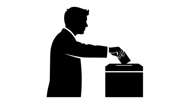 Man casting a ballot into a box with black silhouette man putting paper ballot box white background suit putting illustration democracy with election