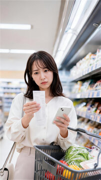 スーパーでレシートとスマホを確認する日本人女性