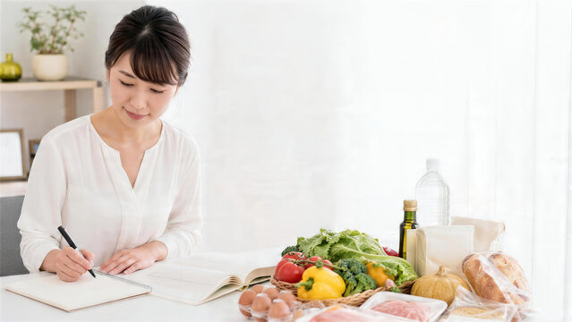 食材を前にかったものリストを書く日本人女性