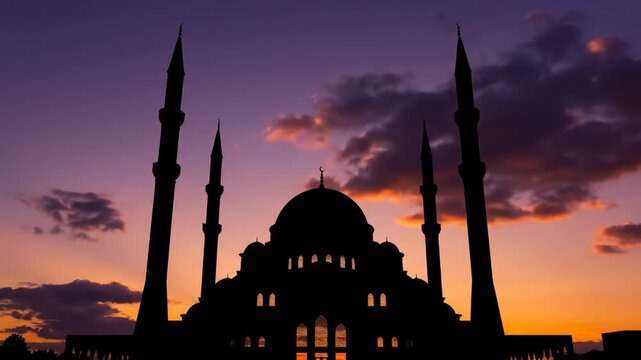 Silhouette of a large mosque with multiple minarets against a vibrant sunset sky with orange and purple clouds, spiritual landmark, architectural beauty