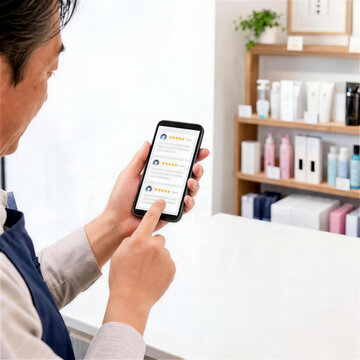 スマートフォンでレビュー一覧を確認する日本人の手元