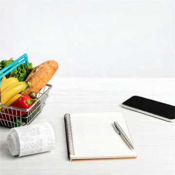 買い物かごとレシートとノートを置いた食費管理イメージ