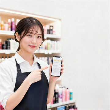 美容サロンでスマホの口コミ画面を見せる日本人女性スタッフ
