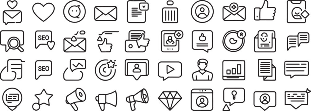 Communication Icons Set with Email, Speech Bubbles, Likes, Hearts, User, Seo, and Document Symbols in Outline Style