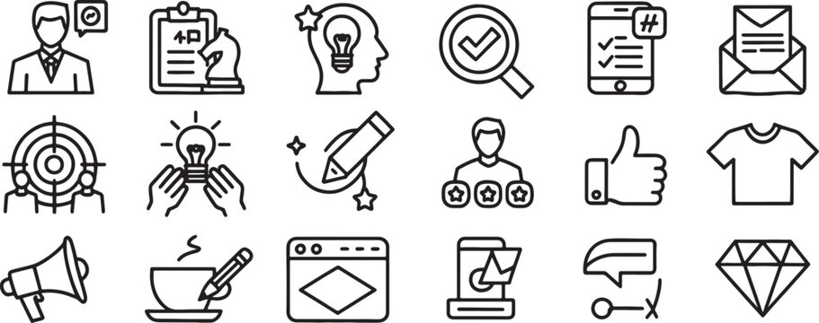 Icons Set with Communication, Productivity, Learning, and Feedback Symbols in Simple Black Vector Line Art