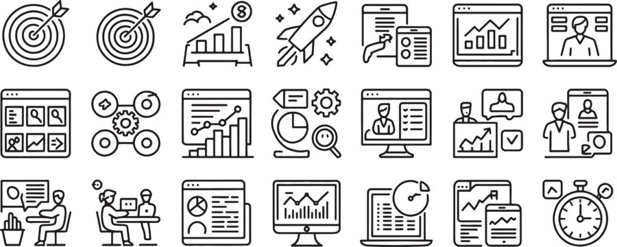 Business Strategy Icons Set with Target Charts Rocket Magnifier Browser and User Monitoring Line Art Vector