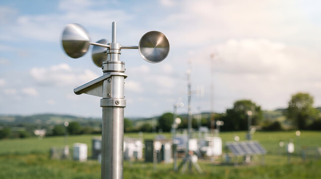 Anemometer Wind Speed Sensor Spinning at Weather Station in Rural Green Field Background