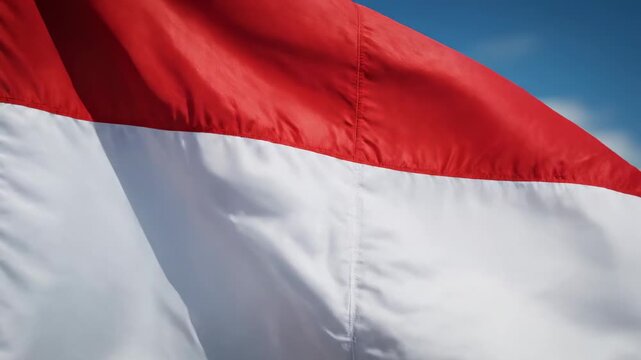 Waving red and white national flag against a clear blue sky, close-up of fabric texture and movement, representing patriotism and national pride