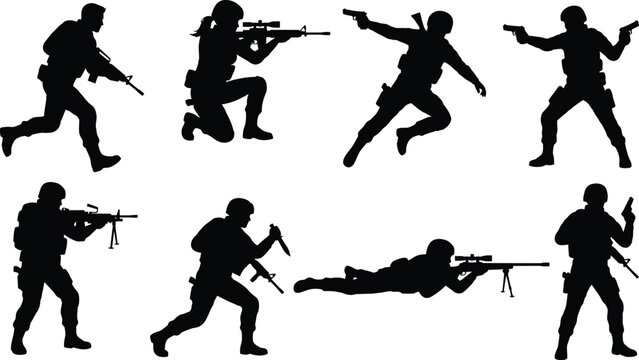  Tactical Soldier Silhouettes in Combat Action Poses with Weapons Vector Set