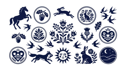 Scandinavian folk art vector icons, navy blue nordic forest animal silhouettes, rustic floral and celestial woodcut style elements for branding © noor